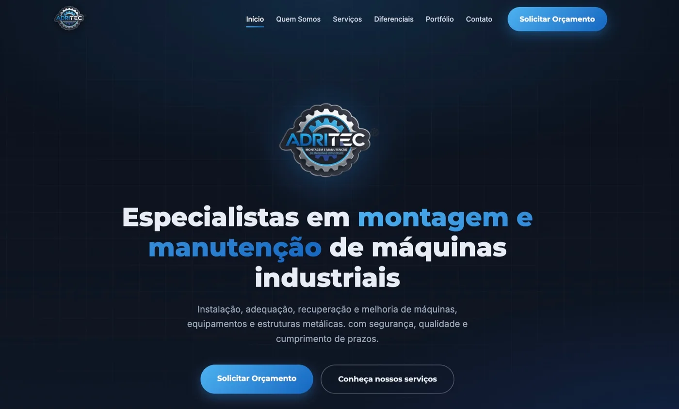 Site institucional da Adritec para apresentação de serviços industriais